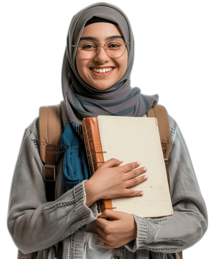 A smiling Rosewood student in a hijab holding her books, backpack over her shoulders